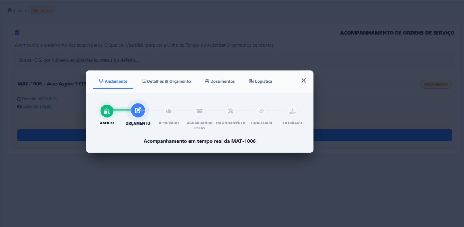 Tela de acompanhamento de ordem de serviço em tempo real