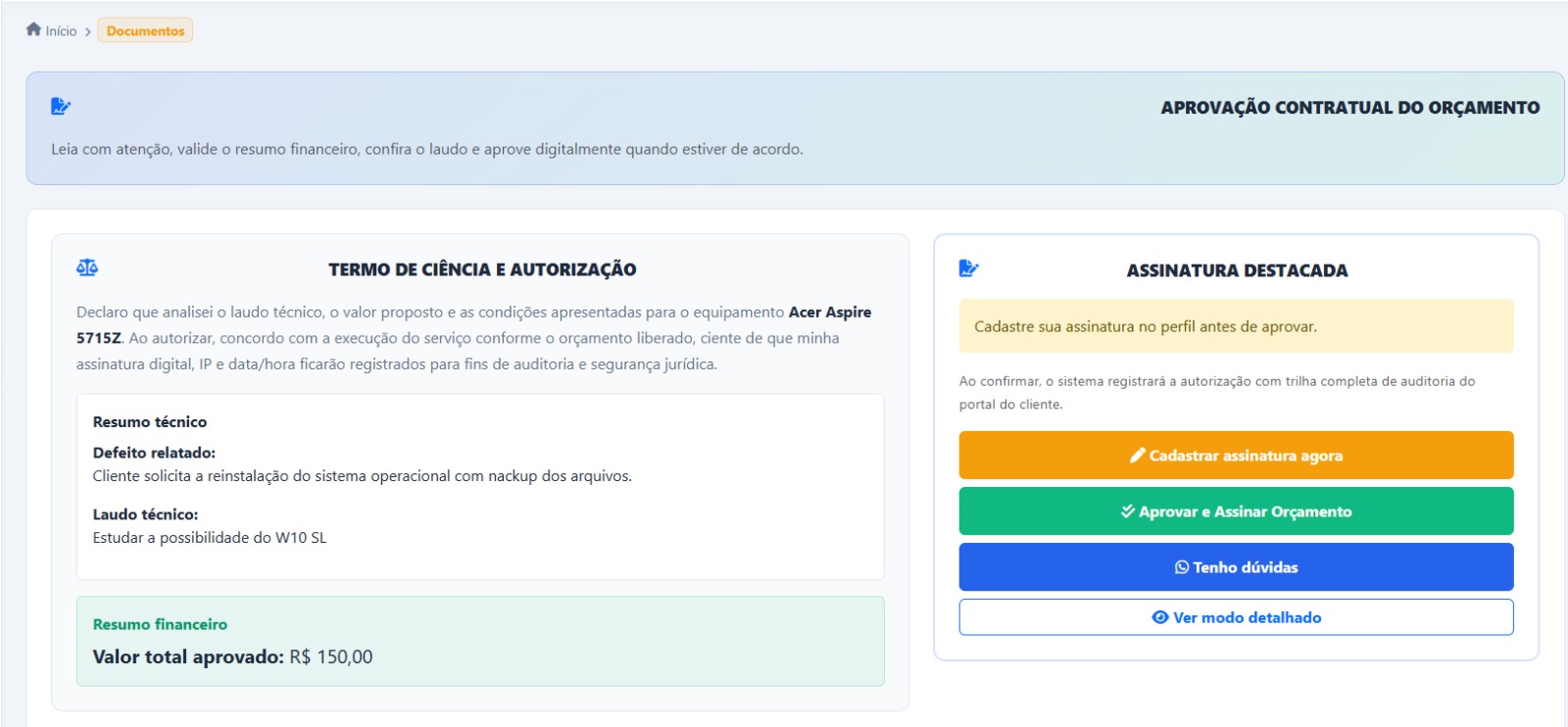 Tela de aprovação contratual e assinatura digital do orçamento